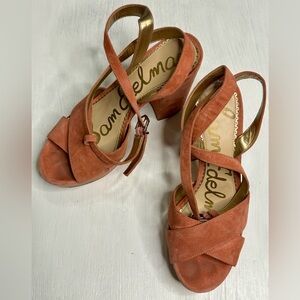 Sam Edelman Suede Platform Block Heel Sandals Coral Pink Ankle Strap Women 7.5